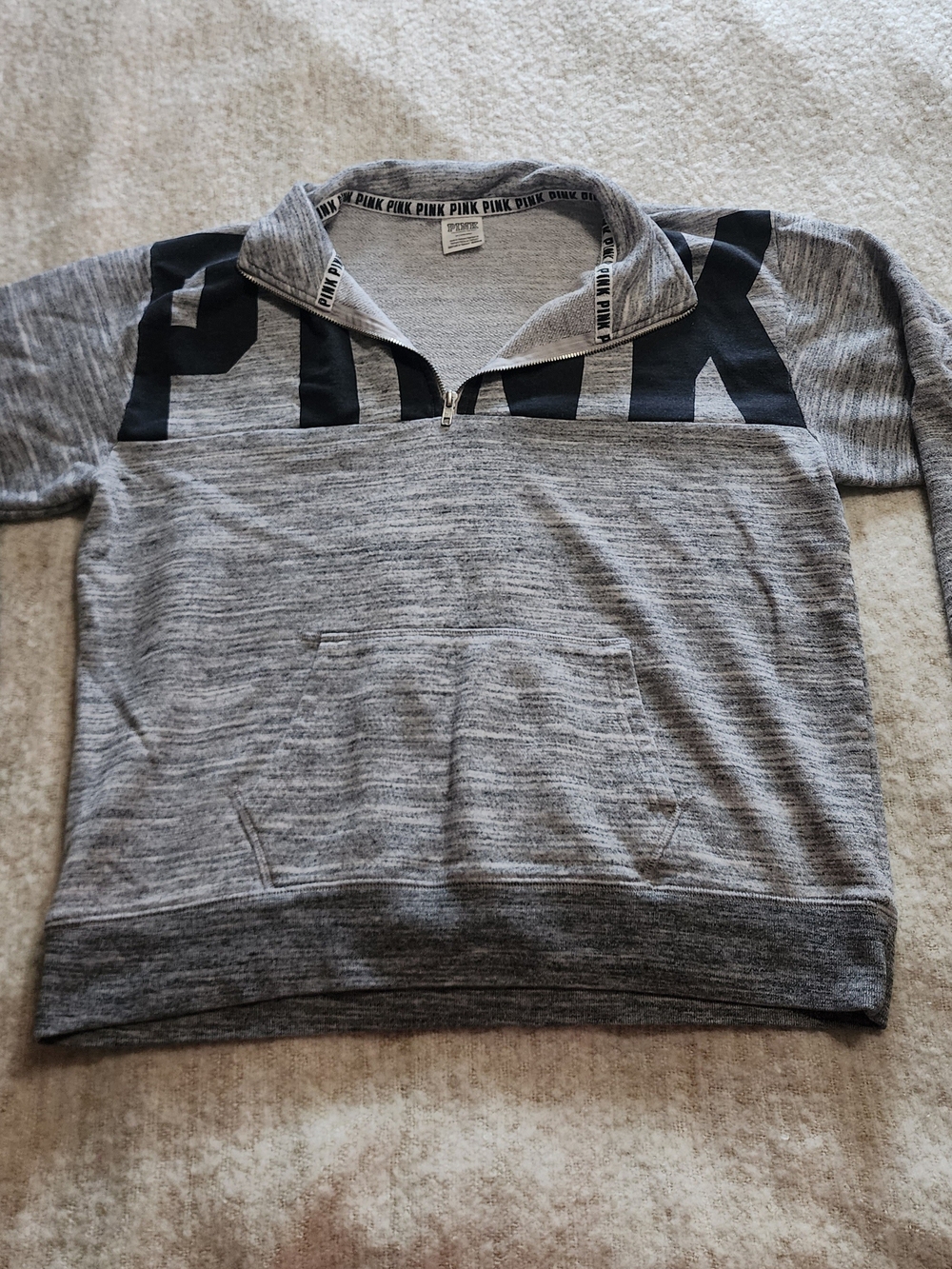 Victoria's Secret Pink Campus Quarter Zip Pullover Marl Gray Black Logo M NIP